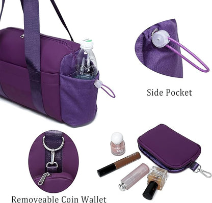 Everyday Mini Gym Bag for Women 2.0, Small Tote with Zipper Compartment Waterproof Travel Duffle Cute Handbag Workout Carry On with Removeable Shoulder Strap & Coin Wallet Easy to Clean - Grape