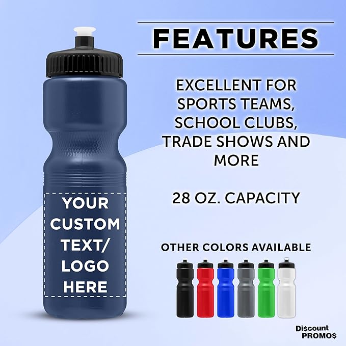 DISCOUNT PROMOS 28 oz. Custom Push Cap Plastic Water Bottles Set of 10/50/100, Personalized Bulk Pack - Perfect for Gym, Hiking, Camping, Outdoor Sports - Navy Blue