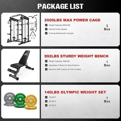 M21 Smith Machine, Multi-Function Power Cage with Dual Pulley Cable Crossover System, 2000LBS All-in-One Squat Rack with Smith Bar and Attachments for Home Gym Strength Training