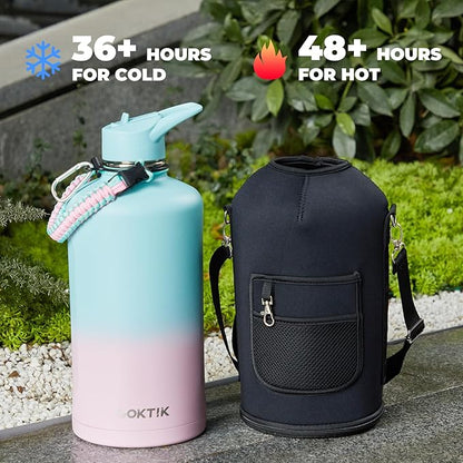 COKTIK 128oz Insulated Water Bottle - Stainless Steel Vacuum Metal, Portable 1 Gallon Large-Capacity Sports Bottle with Straw, Carry Bag and Handle Strap, Ideal for Gym & Hiking(Bubble Gum)