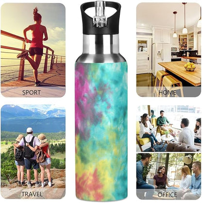 22 OZ Colorful Tie Dye Pattern Water Bottle with Straw - BPA Free Leakproof Stainless Steel Water Bottle for Women Men Water Jug for Fitness Gym Outdoor Sport