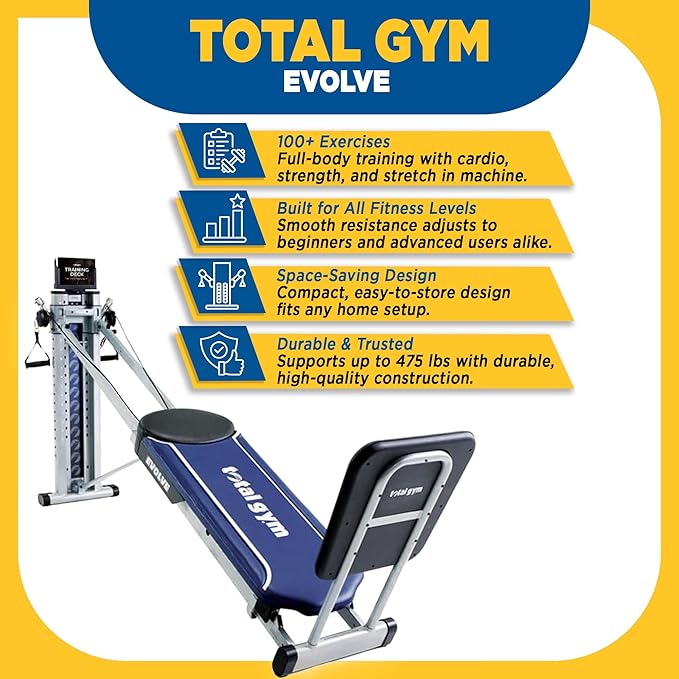 Total Gym Evolve, Incline Bodyweight Training Home Exercise Machine w/ Adjustable Glideboard, 16 Levels of Resistance, & Deluxe Squat Stand