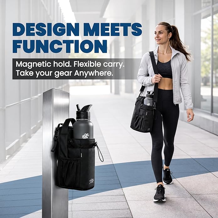 Magnetic Gym Bag with 40oz Water Bottle Holder – Waterproof Leather-Film Fitness Bag with Strong N52 Magnets, Phone & Zipper Pockets, Adjustable Shoulder Strap for Gym & Outdoor Use | Waterproof Material, Organized Pockets, 2 Carry Options, Double Zipper