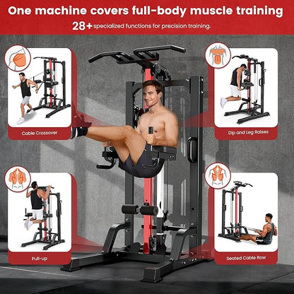 Pull Up Bar Power Tower Dip Station,Cable Machine-Integrated 450LBS Multi-Function Adjustable Height Fitness Strength Training Equipment for Home Gym Strength Training Equipment