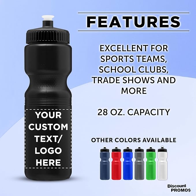 DISCOUNT PROMOS 28 oz. Custom Push Cap Plastic Water Bottles Set of 10/50/100, Personalized Bulk Pack - Perfect for Gym, Hiking, Camping, Outdoor Sports - Black