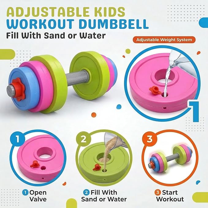 Kids Workout Dumbbell Weights Set - Toddler Toy Gym Equipment for Pretend Play Lifting, Exercise & Fitness - Adjustable Fill with Sand or Water