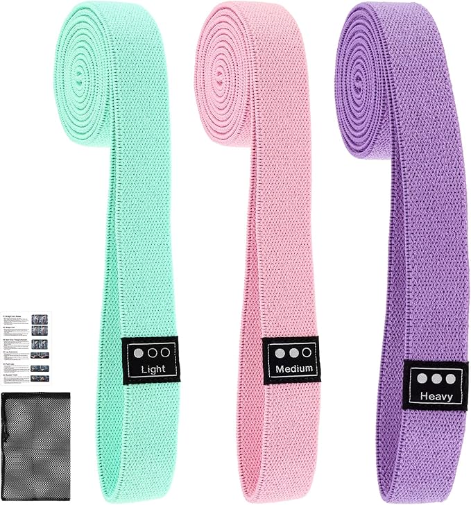 Fabric Resistance Bands - 3-Pack Set, Long Cloth Exercise Bands for Home Workout Strength Training, Yoga & Pilates | with Storage Bag