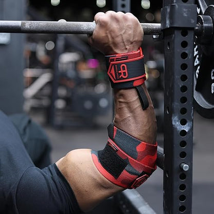 Elbow Wraps for Weightlifting - Heavy Duty Construction, 25% More Elasticity, Reinforced Stitching, Extra Wide Fastener, Easy to Adjust, (Red Camo)