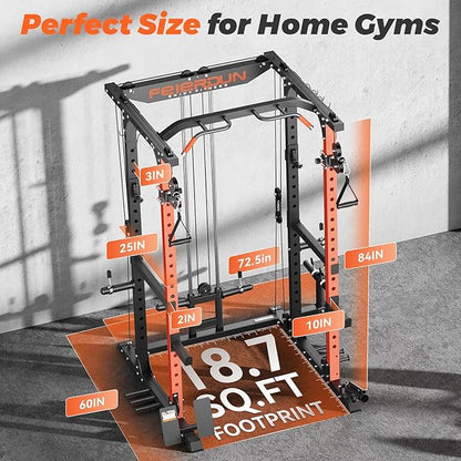 FEIERDUN FLA01 Power Cage Multi Function Squat Rack with Cable Crossover System,2000LBS Capacity with LAT Pulldown,10-in-1 Home Gym
