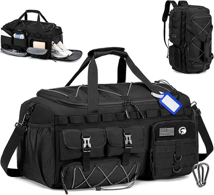 Tactical Gym Bags for Men, Carry On Luggage 22x14x9 Airline Approved, 3 in 1 Duffle Bag with Shoe Compartment,Travel Backpack Weekender Overnight Range Bag for Workout Football, Black
