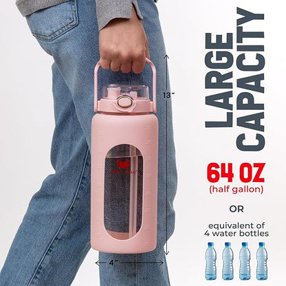 64 Oz Water Bottle with Time Marker & Straw - Pink Pregnancy 2 Liter Glass Water Bottles with Measurements - Daily intake bottle - Leakproof Borosilicate jug