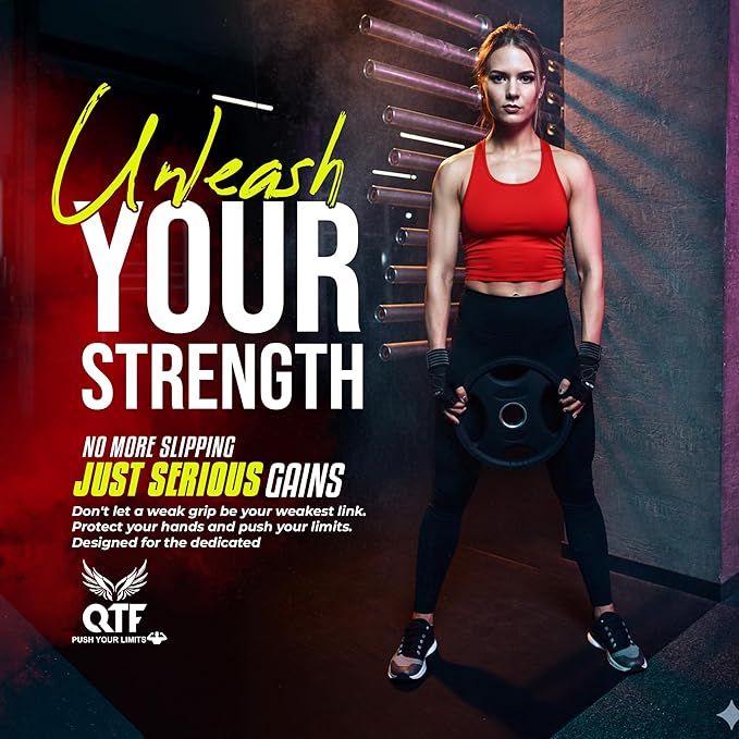 QTF Weight Lifting Gym Workout Gloves with Long Wrist Strap, Fingerless Gym Gloves for Men & Women, Full Palm Protection, for Weightlifting, Training, Fitness, Hanging