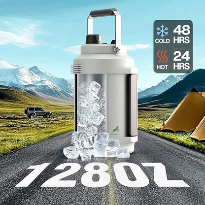 POWCAN Gallon Insulated Water Bottle: 2-in-1 Straw Spout Lid, Dual Handle, Leakproof, Keep Cold 48H, 128oz Stainless Steel Water Jug for Gym, Hydration, Fitness, Trip, Work, Home, Picnic (Frost)