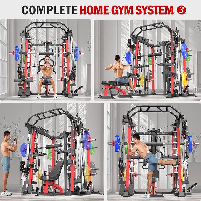 Smith Machine with Cable Crossover System, Multi-Function Squat Rack Power Cage for Home Gym, Power Rack and Packages Weight Sets