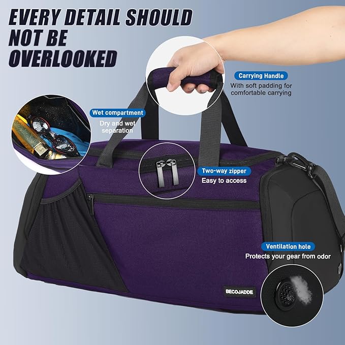 Gym Bags for Men Women 40L Large Gym Backpack Multiple Pockets Sport Duffle Bags with Shoe & Wet Compartment for Workout Travel Weekend Overnight Purple
