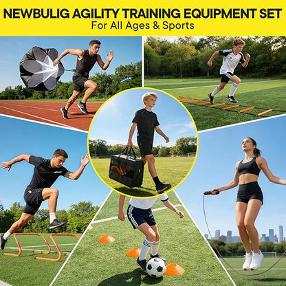 Agility Ladder Speed Training Equipment Set-20ft Ladder, 12 Cones, 4 Adjustable Hurdles, Jump Rope, Resistance Parachute| Basketball, Soccer, Football Practice Equipment for Youth, Adults