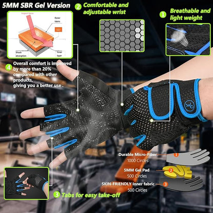 MOREOK Workout Gloves Padded Weight Lifting Gloves for Men/Women, [5MM Gel] Fingerless Grip Gym Gloves Fitness Gloves for Exercise, Weightlifting, Cycling, Pull ups, Rowing, and Climbing