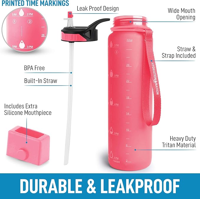 Hydration Nation (32oz Water Bottle With Time Marker - Leak Proof Water Bottles With Times To Drink For Fitness & Sports - 32oz Water Bottle With Straw For Drinking - Water Tracker Bottles (Pink)