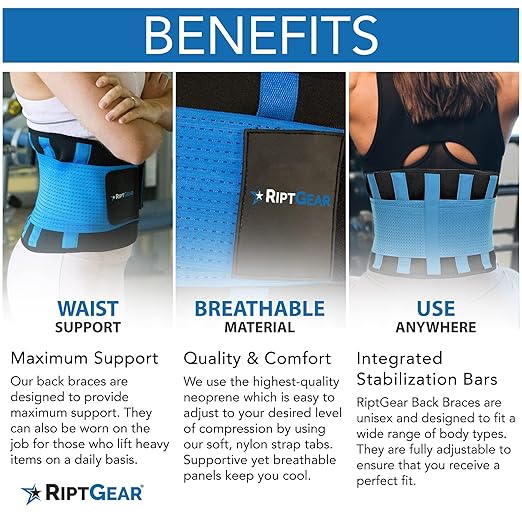 RiptGear Back Brace for Lower Back Pain Relief - Breathable Back Brace for Men and Women - Ideal for Lifting, Work, Sciatica, Herniated Disc, and Lumbar Support - Black, XXL (Waist: 40"-43")