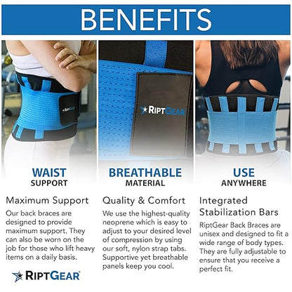 RiptGear Back Brace for Lower Back Pain Relief - Breathable Back Brace for Men and Women - Ideal for Lifting, Work, Sciatica, Herniated Disc, and Lumbar Support - Black, XXL (Waist: 40"-43")