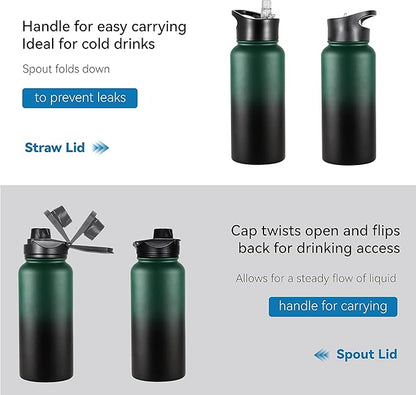 VEGOND 32 oz Insulated Water Bottle Bulk Stainless Steel Metal Water Bottles with Leak Proof Straw Lid & Spout Lid, Wide Mouth Double Walled Vacuum Travel Sports Bottle, 4 Pack