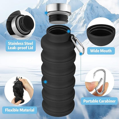 Collapsible Water Bottles,16oz Capacity Portable Reusable Silicone Water Bottle,Leak-proof,with buckle,foldable storage,Lightweight Durable for Fitness,Cycling,Sports,Camping,Hiking (Purple)