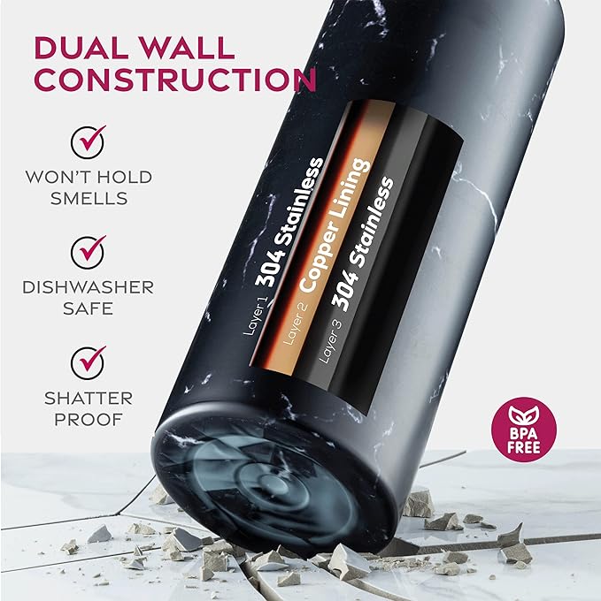 FineDine Triple Walled, Insulated Water Bottles with Straw - 25 Oz Stainless Steel Metal Bottle W/ 3 Leak Proof Lids - For Travel, School, Sports, Gym/Men, Women & Kids - Polished Raven Marble