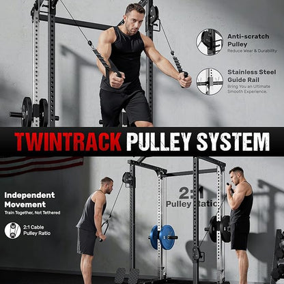 DP01 Power Cage, 2000LBS Squat Rack with with Cable Crossover and Dual Independent Pulley System, Full Cage for Full Body Training, Power Rack with More Training Attachments for Home Gym