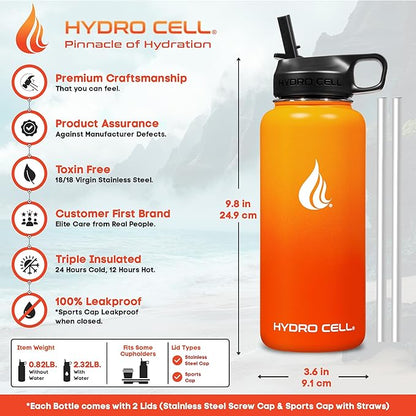 HYDRO CELL Stainless Steel Insulated Water Bottle with Straw - For Cold & Hot Drinks - Metal Vacuum Flask with Screw Cap and Modern Leakproof Sport Thermos for Adults (Red/Orange 32oz)