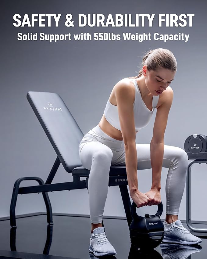 BYZOOM FITNESS Pure Series Foldable Weight Bench for Home Gym – Adjustable Workout Bench with 5 Incline Angles (0°-83°), 550lbs High Capacity, Rapid-Fold Compact Design for Space Saving, White or Black
