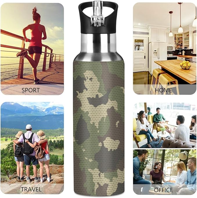 Camouflage Camo Point Water Bottle Vacuum Insulated Stainless Steel Mug Kids Water Bottle with Straw and Handle Keep Hot Cold Sport Bike Fit Travel Outdoor 20 oz