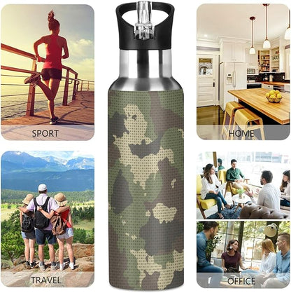 Camouflage Camo Point Water Bottle Vacuum Insulated Stainless Steel Mug Kids Water Bottle with Straw and Handle Keep Hot Cold Sport Bike Fit Travel Outdoor 20 oz