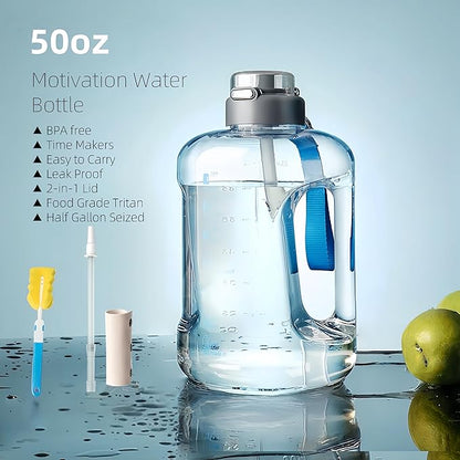 50oz & 84oz Motivational Water Bottle - Time-Marked, Leak Proof & BPA free. 2-in-1 Lid with Straw, Food-Grade Tritan. Half Gallon Sized, Ideal for Gym, Fitness & Outdoor Activities (50oz, Blue)