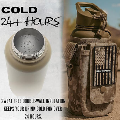 Iron Infidel Battle Bottle - 32 Oz Insulated Water Bottle with Straw Lid & Chug Cap, Stainless Steel Metal Tactical Flask With Rugged, Removable Sleeve for Keys & Phone or Wallet (MARPAT 1 Liter)
