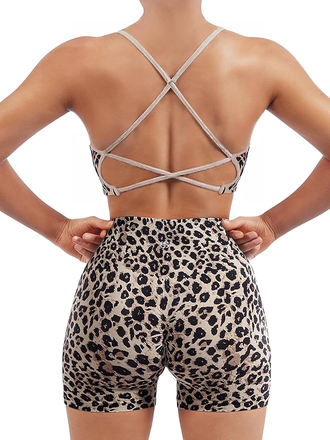 SUUKSESS Women Seamless Workout Sets Strappy Sports Bra High Waist Booty Shorts Outfits