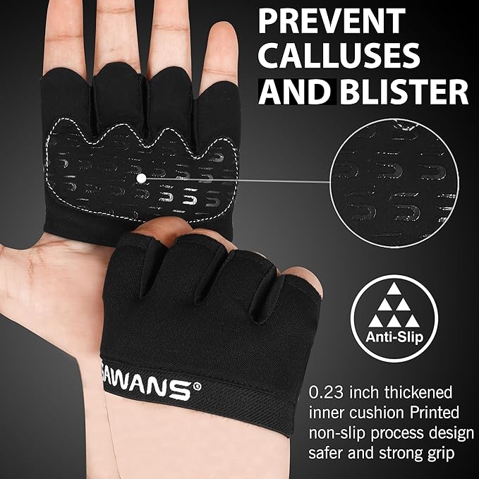 SAWANS Nonslip Workout Gloves for Men & Women, Weightlifting, Gym, Exercise, Fitness, Black, Minimalist, Finger Protectors, Half Finger Glove, Ambidextrous, Adjustable