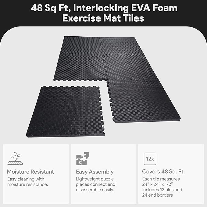 BalanceFrom Puzzle Exercise Mat 1/2" Thick, EVA Interlocking Foam Floor Tiles for Home Gym, Mat for Home Workout Equipment, Floor Padding for Kids, Multiple Sizes and Colors