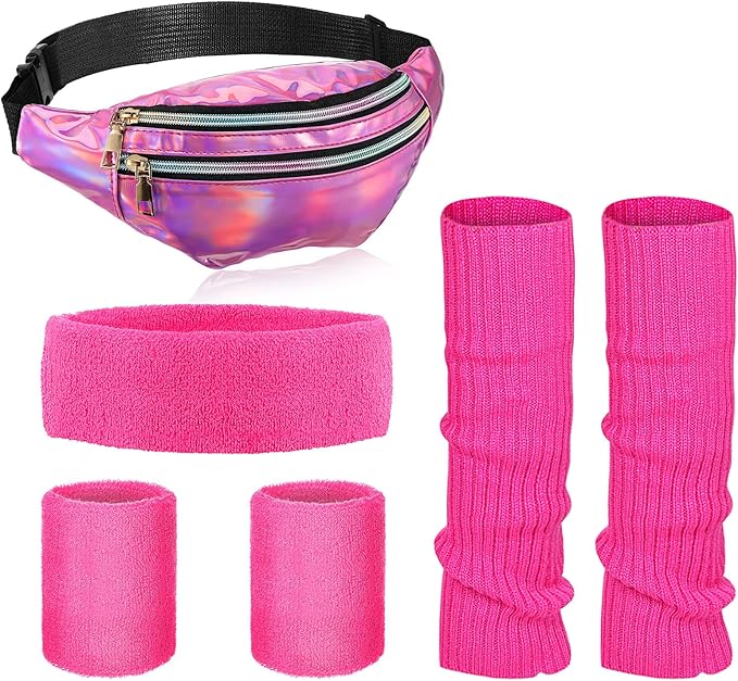 SATINIOR 80s Women Workout Outfit Neon Leg Warmer Headband Wristbands Fanny Pack Set 80s Accessories for Yoga Running