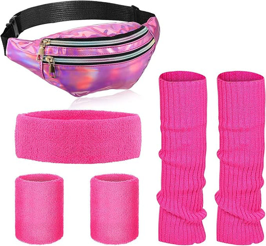 SATINIOR 80s Women Workout Outfit Neon Leg Warmer Headband Wristbands Fanny Pack Set 80s Accessories for Yoga Running