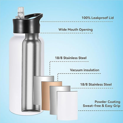 VEGOND 32 oz Insulated Water Bottle Bulk Stainless Steel Metal Water Bottles with Leak Proof Straw Lid & Spout Lid, Wide Mouth Double Walled Vacuum Travel Sports Bottle, 4 Pack