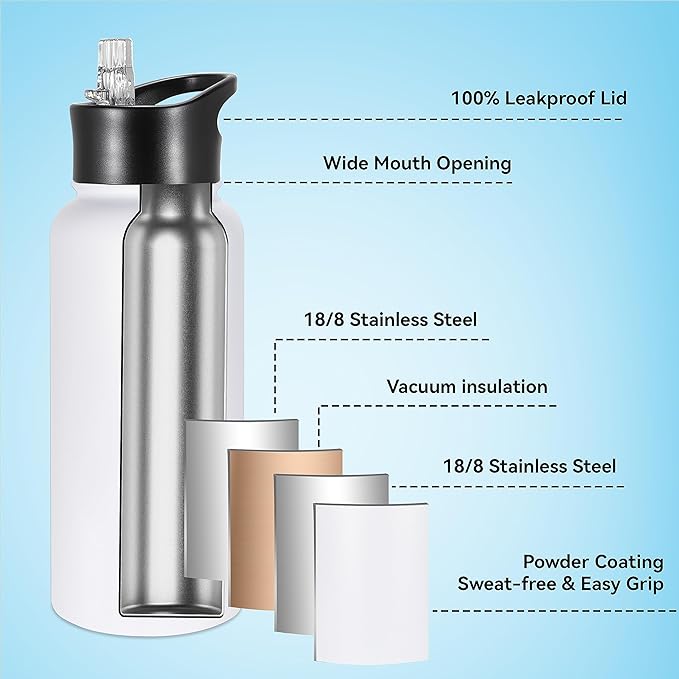 VEGOND 32 oz Insulated Water Bottle Stainless Steel Metal Water Bottles with Leak Proof Straw Lid & Spout Lid, Wide Mouth Double Walled Vacuum Travel Sports Bottle, White