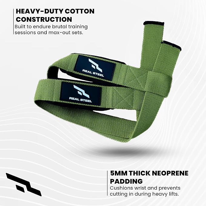 Real Steel Lifting Wrist Straps for Weightlifting, Bodybuilding, Powerlifting, Strength Training, & Deadlifts - Padded Neoprene with 24 inch Cotton