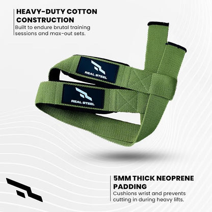 Real Steel Lifting Wrist Straps for Weightlifting, Bodybuilding, Powerlifting, Strength Training, & Deadlifts - Padded Neoprene with 24 inch Cotton