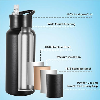 VEGOND 32 oz Insulated Water Bottle Bulk Stainless Steel Metal Water Bottles with Leak Proof Straw Lid & Spout Lid, Wide Mouth Double Walled Vacuum Travel Sports Bottle, Black 4 Pack