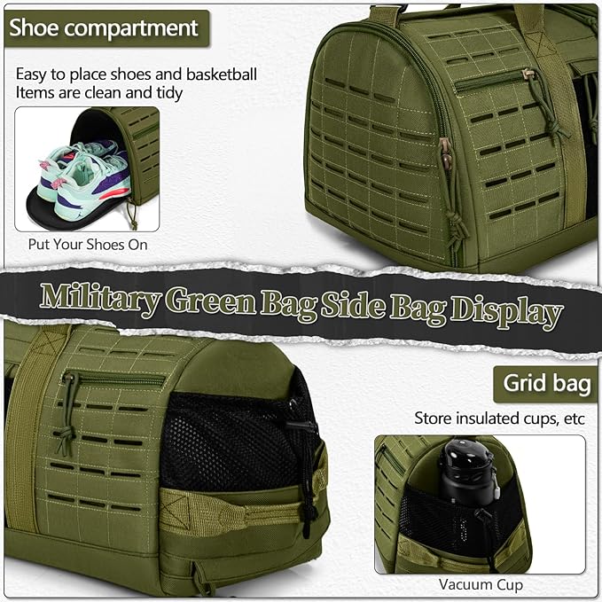 GMAK Military Tactical Duffle Bag for Men, 40L Sports Gym Bag with Shoe Compartment, Carry on Bag Travel Duffle Bag for Weekender Overnight Gym Workout Training Basketball Football, Green