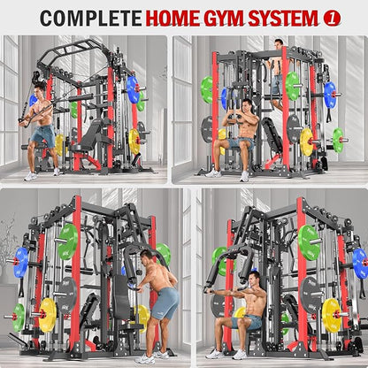 Smith Machine with Cable Crossover System, Multi-Function Squat Rack Power Cage for Home Gym, Power Rack and Packages Weight Sets