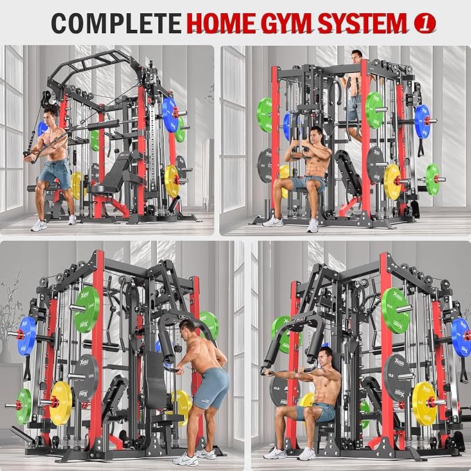 Smith Machine with Cable Crossover System, Multi-Function Squat Rack Power Cage for Home Gym, Power Rack and Packages Weight Sets