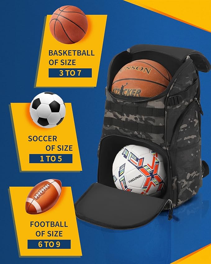 TRAILKICKER Basketball Bag Backpack with Ball Holder Multi-Sport Backpack for Soccer Volleyball Football Baseball Helmet