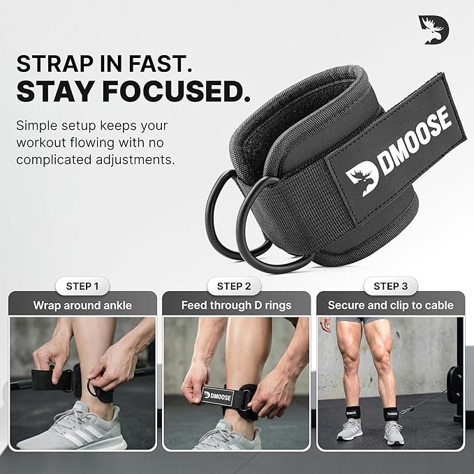 DMoose Fitness Ankle Strap for Cable Machine - One Size Fit with Premium Padding Cuffs, Ankle Bands for Working Out, Booty Workouts, Leg Extension, Hip Abductors, Kickbacks & Lower Body Exercises