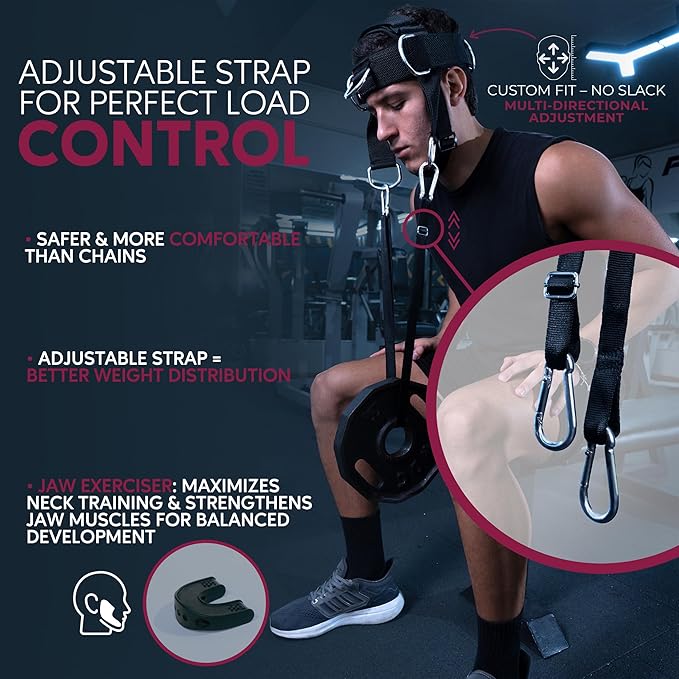 ALKYRIA Neck Harness Weight Lifting Trainer - Adjustable Neck Exerciser & Strengthener for Gym, Boxing, and Home Training - Padded Head Harness with Bonus Jaw Exerciser & Mesh Bag